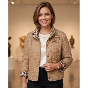 Chico's Quilted Jacket Size 3 XL Tan Beige Leopard Animal Print Lining